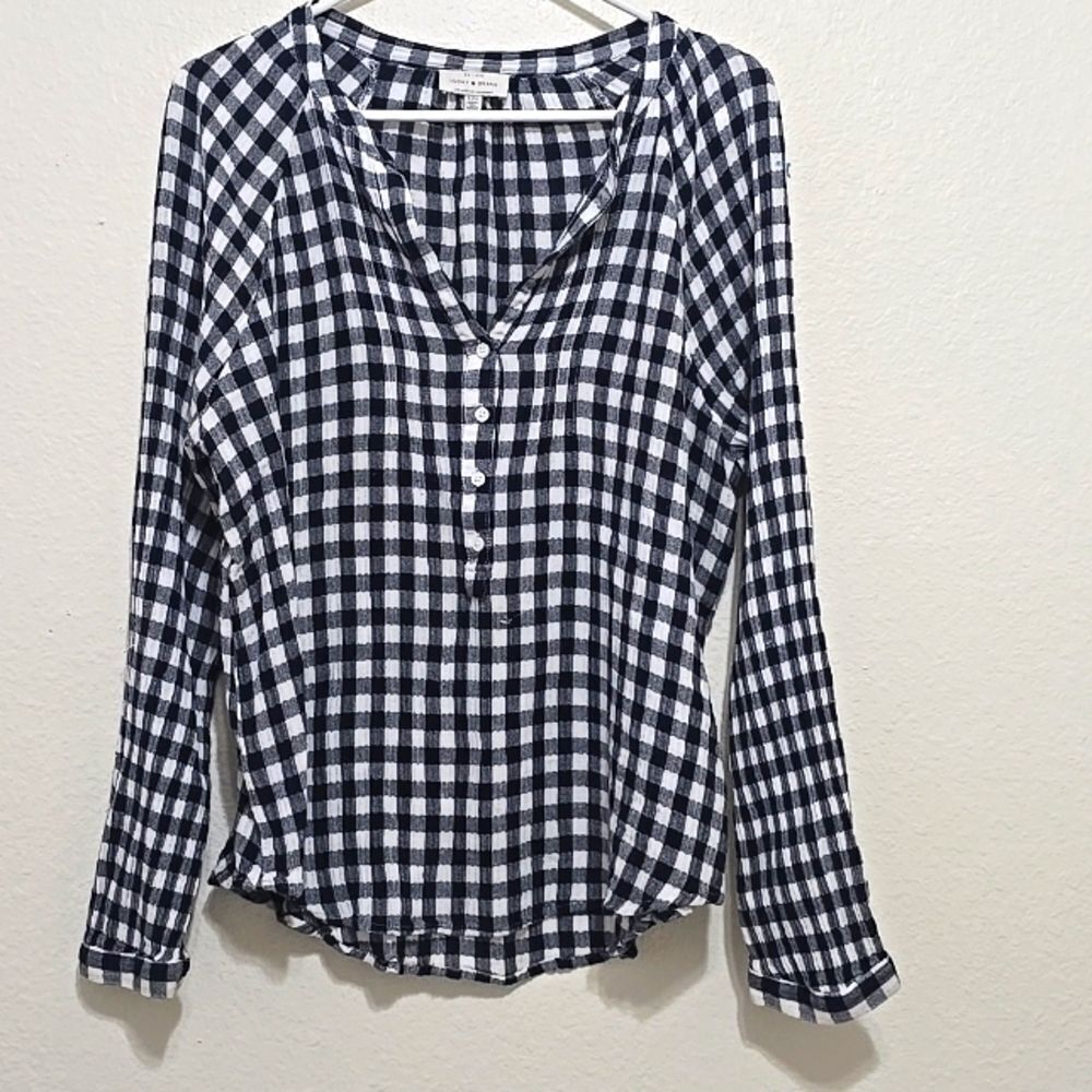 -‎ Lucky Brand Black & White Checkered Long Sleeve Blouse L